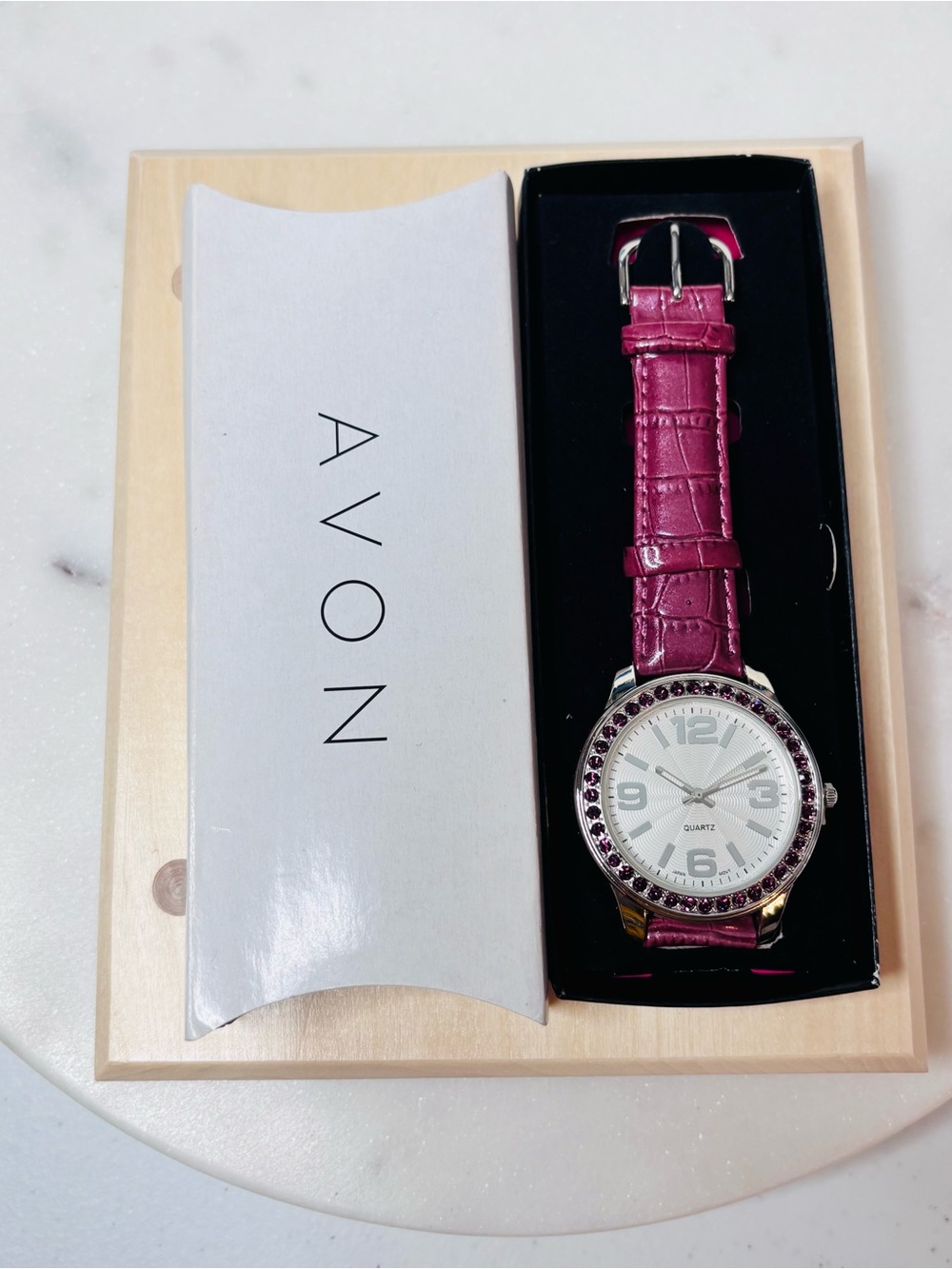 Avon Women's Fuchsia Pink Leather Strap Watch with Crystal Amethyst Bezel
